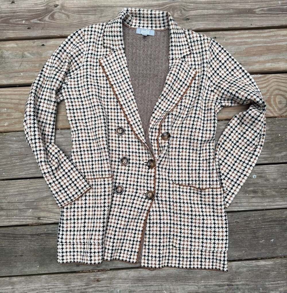 Marled by Reunited Clothing Houndstooth Double Breasted Knit Blazer Brown L
